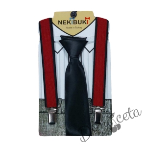 Комплект от вратовръзка в черно с тиранти в червено за момче 843545