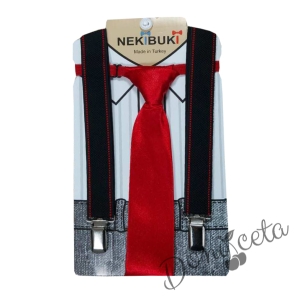 Комплект от вратовръзка в червено с тиранти в черно за момче 836685