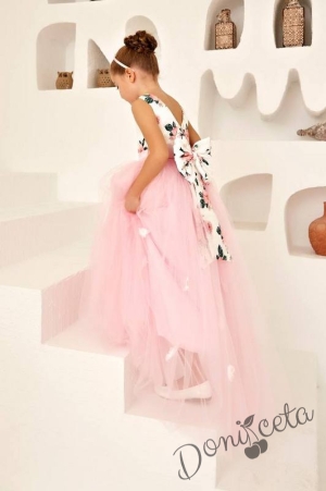 Официална детска дълга рокля  в бяло и розово на цветя с диадема 