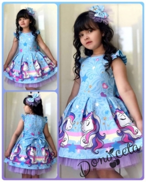 Детска рокля с къс ръкав в светлосиньо с Пони/Еднорог и панделка за коса