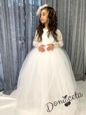 Официална детска дълга рокля  в бяло с дълъг ръкав