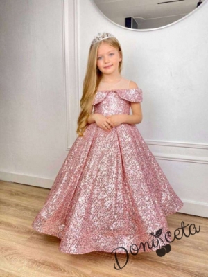 Официална дълга детска рокля в пепел от рози с пайети