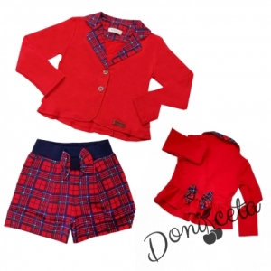 Детски комплект за момиче от панталонки каре и сако в червено