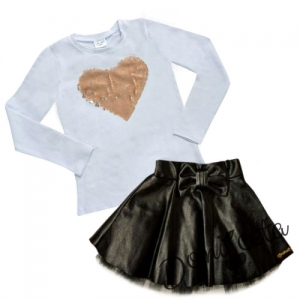 Детски комплект от кожена пола в черно и блузка със сърце