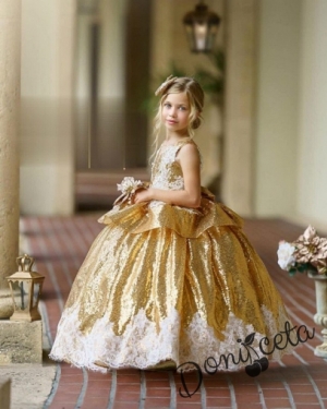 Официална детска дълга рокля с къс ръкав в златисто с обръч