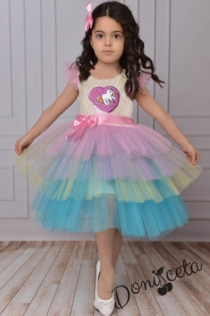 Детска рокля без ръкав с Пони/Еднорог в екрю с многоцветен тюл