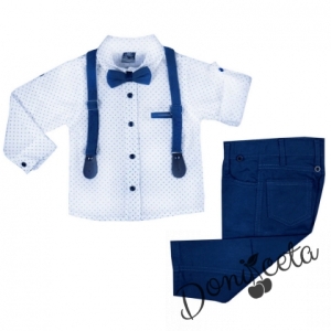 Комплект от панталон в синьо, риза в бяло, папионка и тиранти 638552