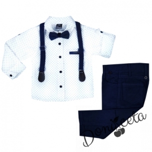 Комплект от панталон в тъмносиньо, риза в бяло, папийонка и тиранти 475887