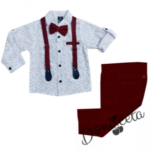 Комплект от панталон в червено, риза в бяло, папийонка и тиранти 645655