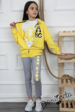 Комплект за момиче от блуза, горнище с цип в жълто и панталон в сиво 1