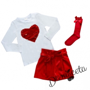 Комплект Дивна от детска блузка в бяло и кожени панталони в червено и 3/4 чорапи