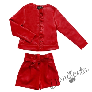 Комплект от 4 части- къси кожени панталони, блуза,3/4 чорапи и кожено яке с цип в червено