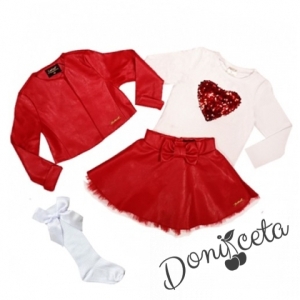 Комплект от 4 части-детска кожена пола  в червено, блузка в бяло,3/4 чорапи и кожено яке