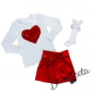 Комплект от детска блузка в бяло и кожени панталони в червено и 3/4 чорапи в бяло