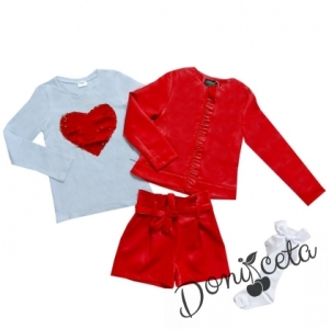 Комплект Дивна от 4 части- къси кожени панталони, блуза,3/4 чорапи и кожено яке с цип в червено