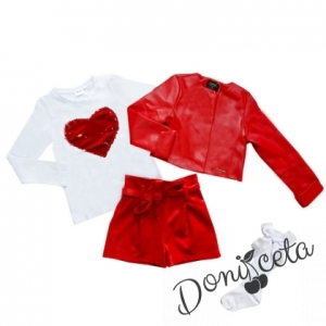Комплект  Дивна от 4 части- къси кожени панталони, блузка в бяло,3/4 чорапи и кожено яке в червено