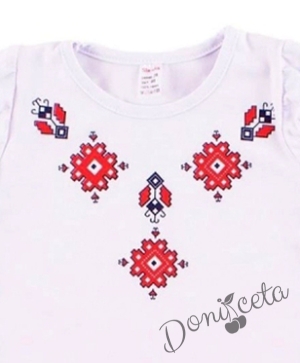Детски комплект от 4 части - тениска/блузка с къс ръкав с фолклорни/етно мотиви, туту пола и болеро в червено
