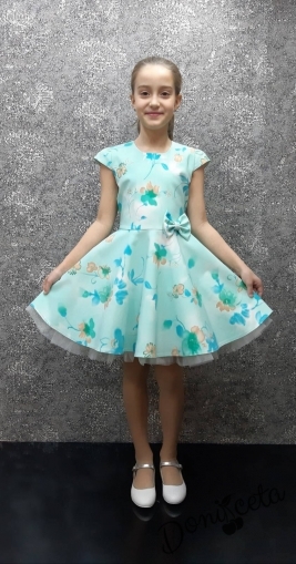 Официална детска рокля на нежни цветя в тюркоаз/мента Ава