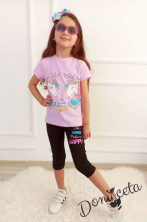 Комплект за момиче от тениска в лилаво с Пони/Еднорог и клин в черно