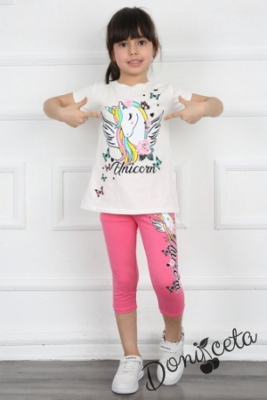 Комплект за момиче от тениска в бяло с Пони/Еднорог и клин в циклама