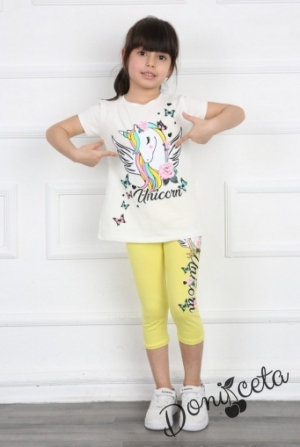Комплект за момиче от тениска в бяло с Пони/Еднорог и клин в жълто
