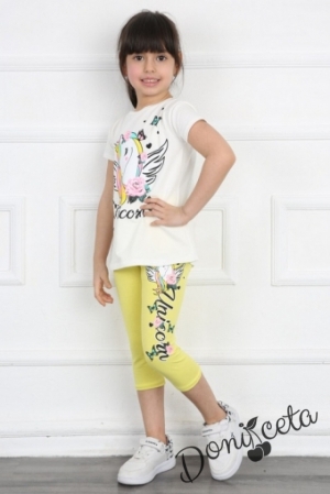 Комплект за момиче от тениска в бяло с Пони/Еднорог и клин в жълто