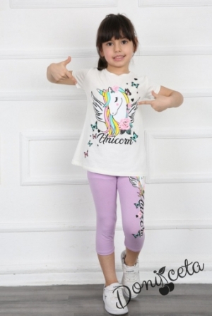 Комплект за момиче от тениска в бяло с Пони/Еднорог и клин в лилаво