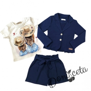 Детски комплект за момиче от къси панталонки, сако в тъмносиньо и тениска
