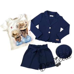 Детски комплект за момиче от къси панталонки, сако в тъмносиньо и тениска