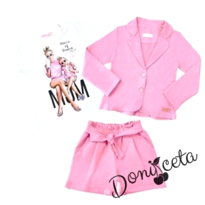 Детски комплект от къси панталонки, тениска и сако в розово 
