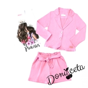 Детски комплект от къси панталонки, тениска и сако в розово за момиче