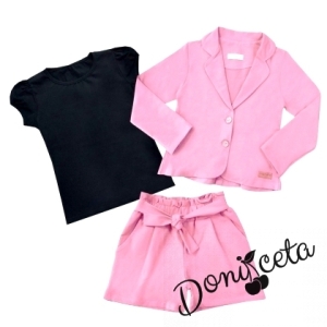 Детски комплект от къси панталонки, тениска в черно и сако в розово