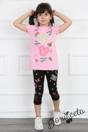 Комплект за момиче от тениска в розово с Мини Маус и клин в черно