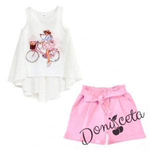 Детски комплект от къси панталонки в розово и туника с момиче на колело