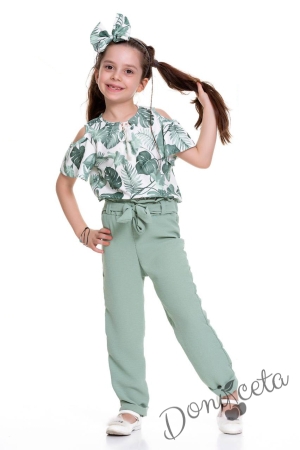 Комплект за момиче от тениска на цветя и панталон в зелено