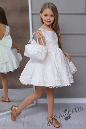 Официална детска рокля в бяло с чантичка за шаферка или кръщене