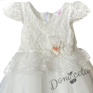 Официална детска/бебешка рокля в екрю с къс ръкав с дантела и тюл 