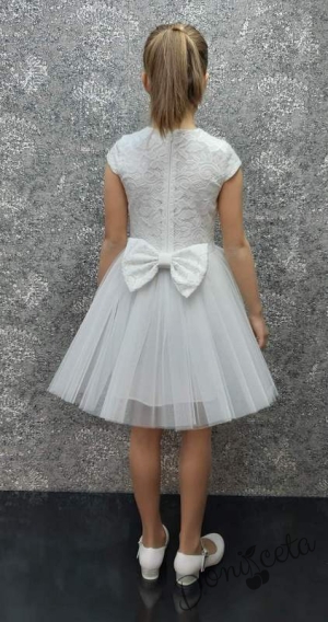 Детска официална рокля с къс ръкав от дантела и тюл в бяло