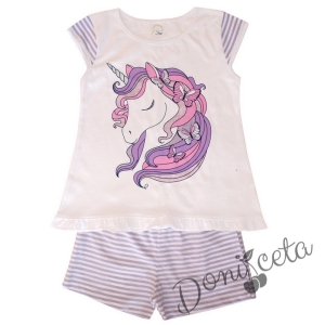 Детска пижама с къс ръкав в бяло и лилаво с Пони/Еднорог