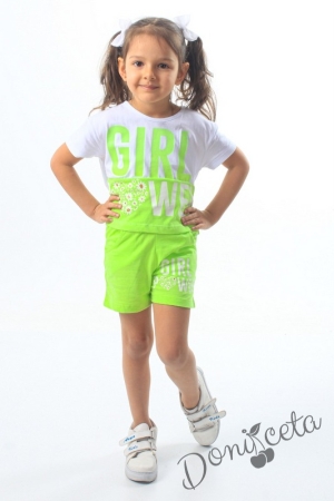 Комплект за момиче от тениска и къси панталони в бяло и неоново зелено
