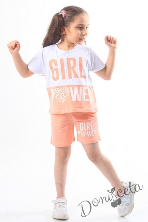 Комплект за момиче от тениска и къси панталони в бяло и прасковено