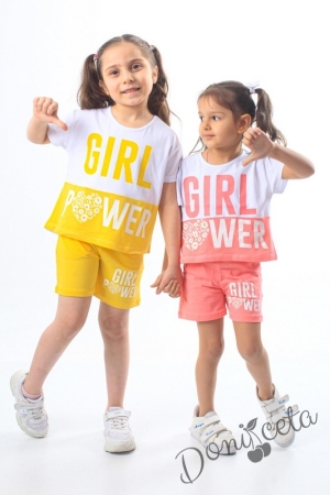 Комплект за момиче от тениска и къси панталони в бяло и жълто