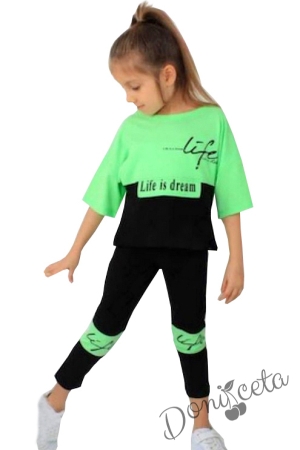 Комплект за момиче от тениска с качулка и клин в зелено и черно 1