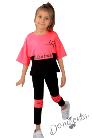 Комплект за момиче от тениска с качулка и клин в циклама и черно 1