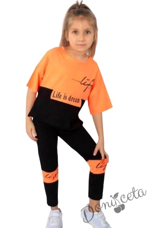 Комплект за момиче от тениска в неоново оранжево с качулка и клин в черно