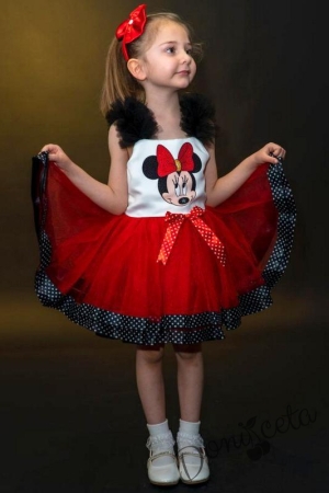 Детска рокля без ръкав в бяло с Мини Маус и тюл в червено