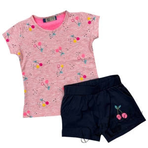 Комплект за момиче от тениска в розово и къси панталони в тъмносиньо