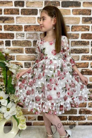 Детска рокля с 7/8 ръкав в бяло на цветя