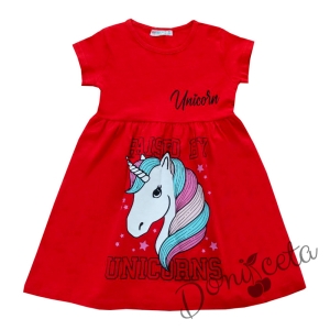 Ежедневна детска рокля с къс ръкав в червено с Пони/Еднорог 4575335