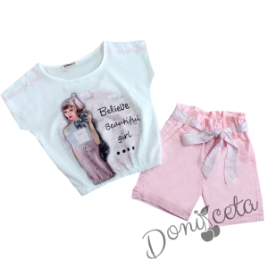 Комплект за момиче от тениска в бяло и къси панталони в нежен розов цвят